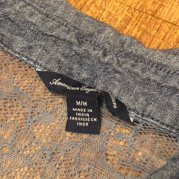 American Eagle Blue Denim Chambray Lace Long Sleeve Button Down Shirt - Picture 11 of 11